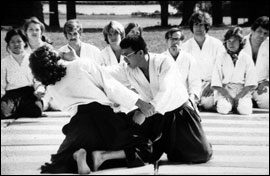 Older photo of a technique being demonstrated at a dojo camp
		      outdoors